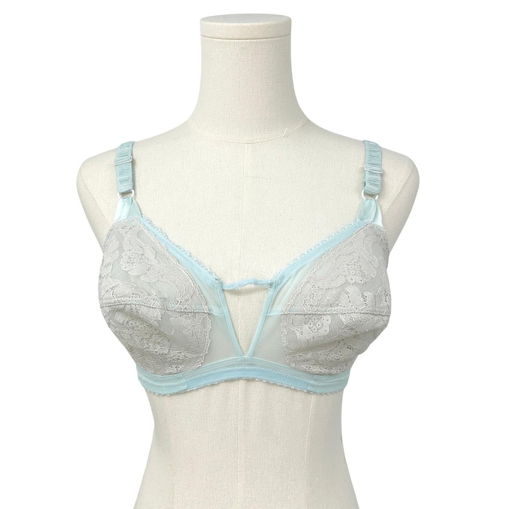 Vintage Olga Cone Cup Bra 34C Pastel Blue Retro Lace Lingerie Pin Up Layering